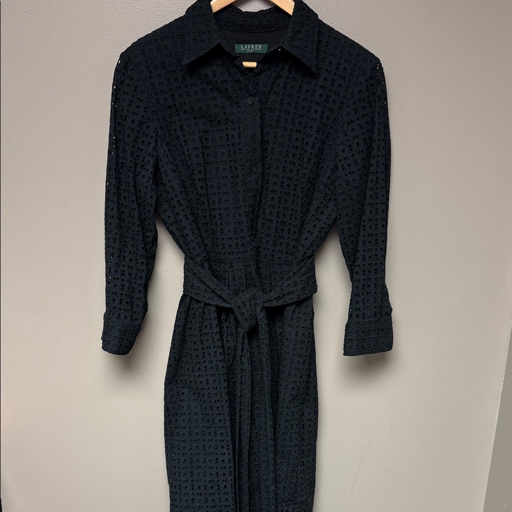 Lauren Ralph Lauren Black Eyelet Shirt Dress Belted Knee Length
